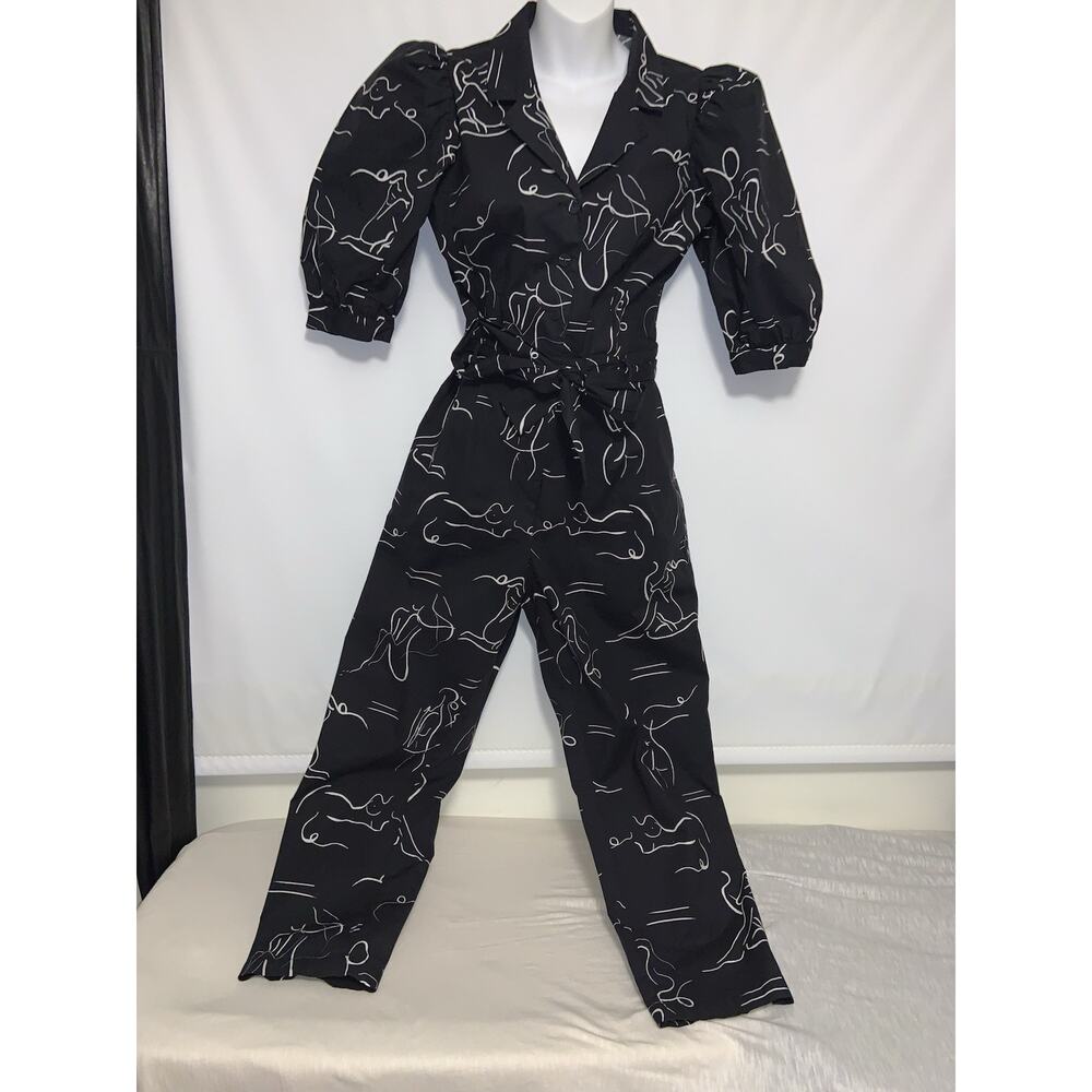 LHD Black Women’s Sz 8 All Over Ladies Figure Graphic Print Puff Sleeve Jumpsuit